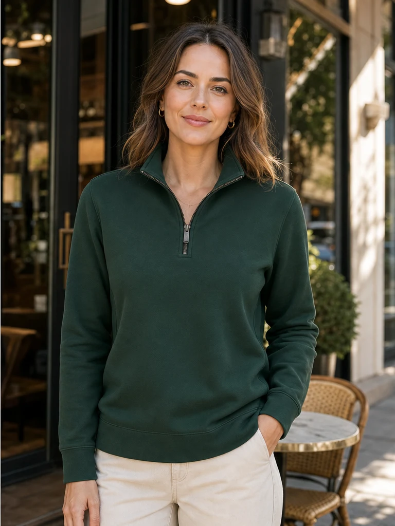 A model wearing the same forest-green quarter-zip shown in the original product photo.
