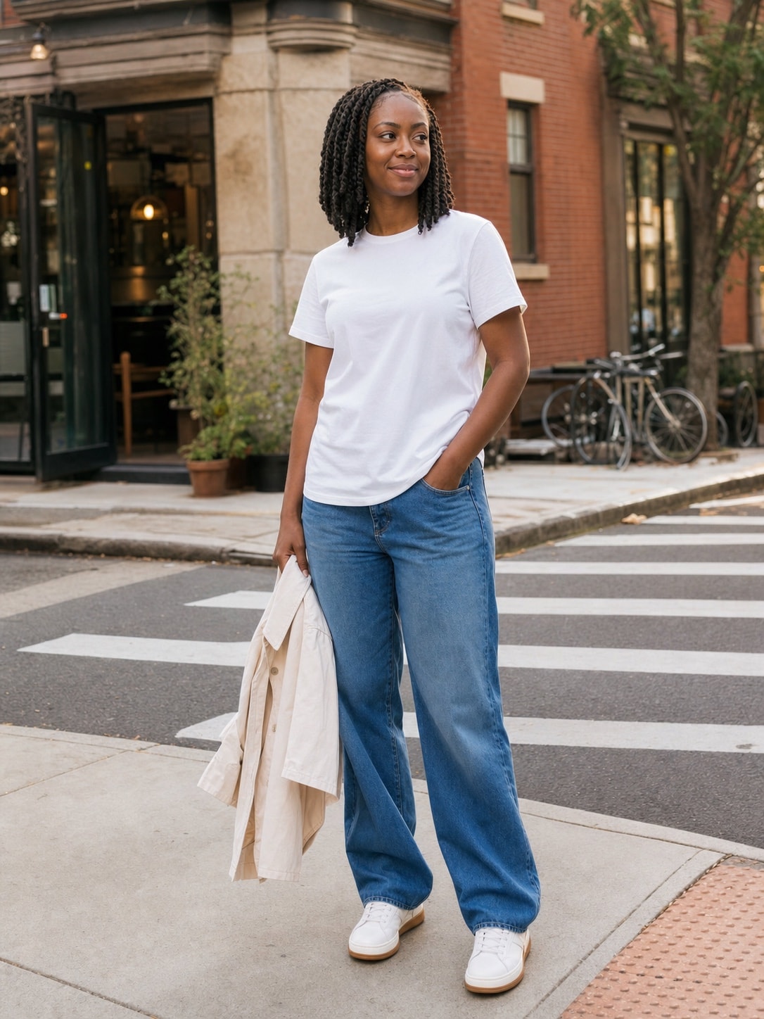 Black woman wearing the white T-shirt on a city street