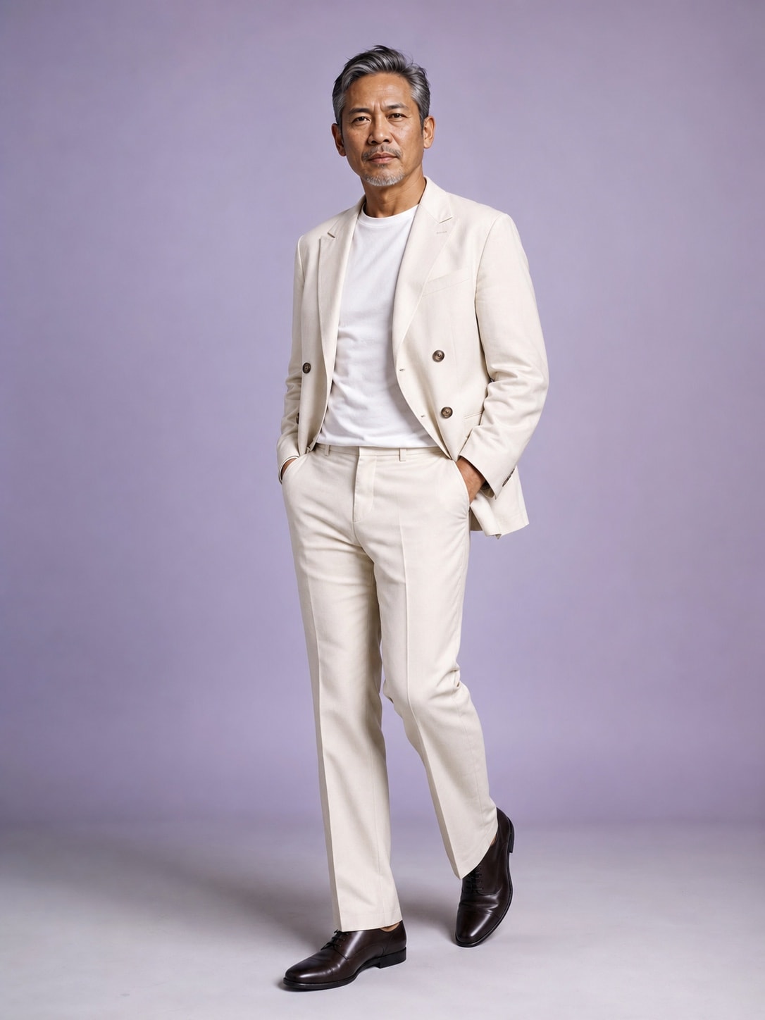 Mature Southeast Asian man styling the white T-shirt with a cream suit