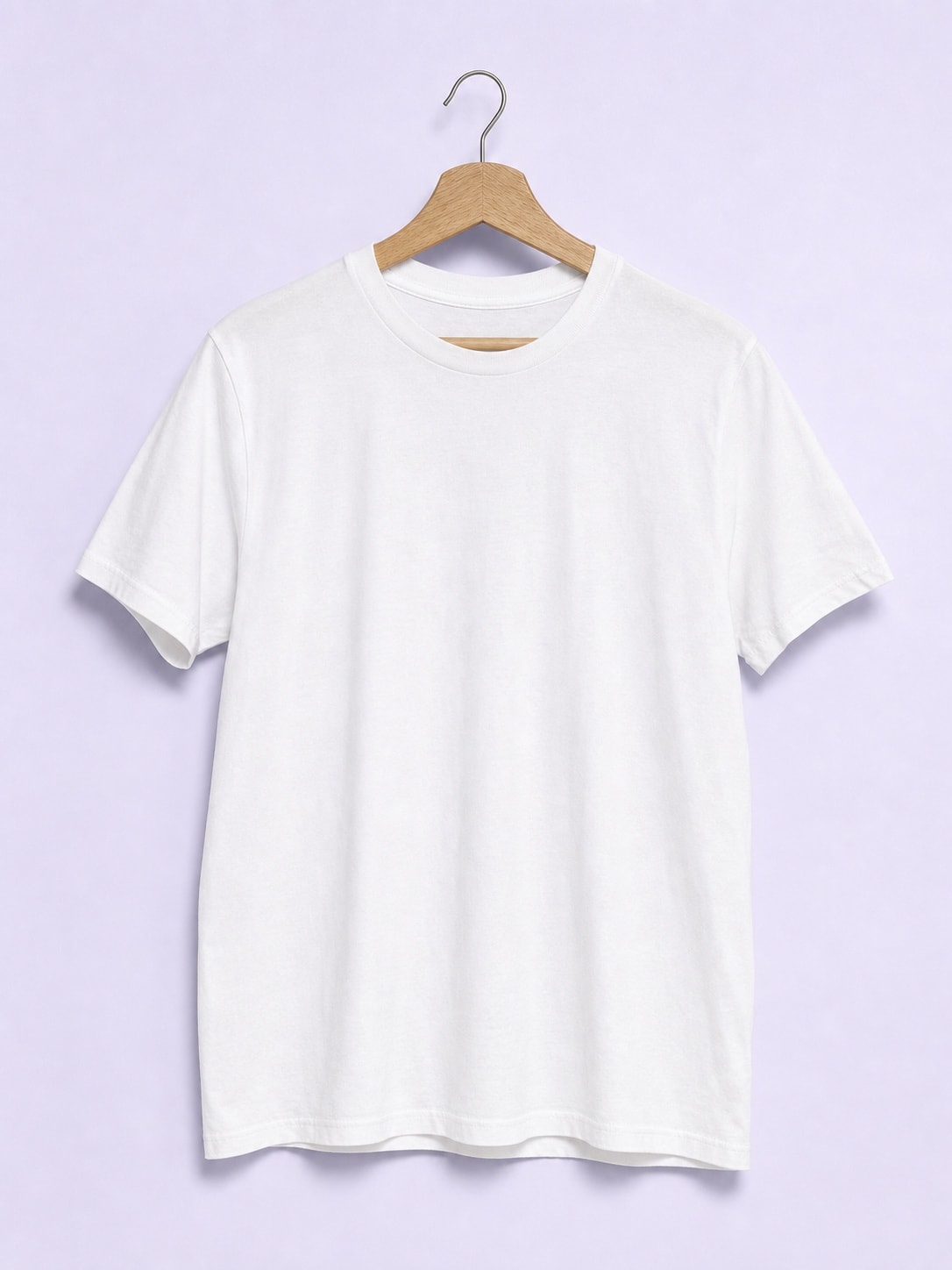 Original white T-shirt hanging from a wooden hanger