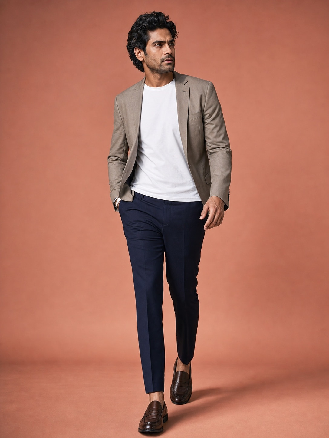 South Asian man styling the white T-shirt with tailored clothing